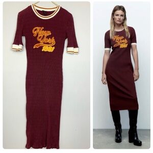Zara ribbed knit midi dress in burgundy with "New York 1981" text